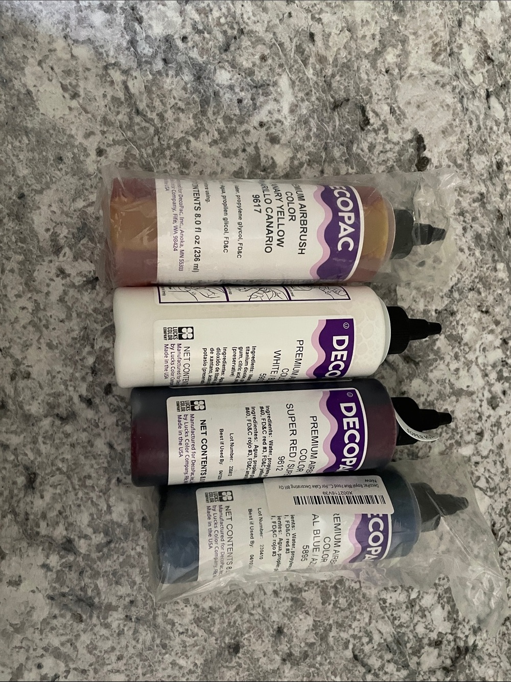 DecoPac Airbrush Food Color Gel Set - Yellow, White, Purple, Blue